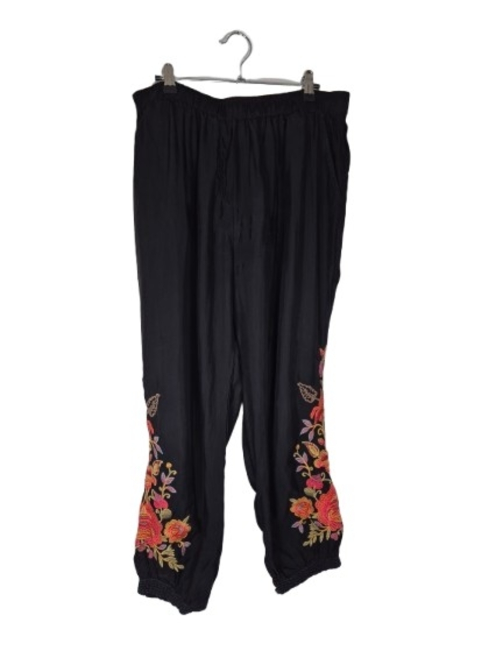 Johnny Was Black Embroidered Floral Jogger Track Pants Size Large